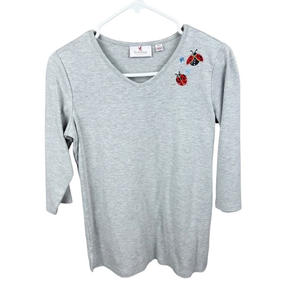 Quacker Factory By Jeanne Bice Gray Embroidered Ladybug Bejewel 3/4 Sleeve Top